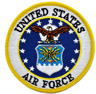 United States Air Force Emblem Logo round patch with white & gold border, 13 stars, American Eagle in front of a white cloud, shield with thunderbolts with blue background.