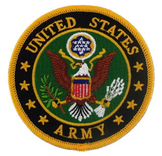 United States Army Emblem Logo round patch with gold & black border, American Eagle holding olive branch & arrows with green background.