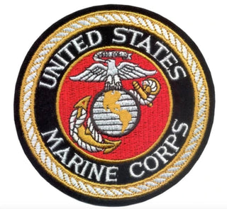 United States Marine Corps Emblem Logo round patch with white rope, gold & black border, EGA American Eagle Globe & Anchor insignia with red background.