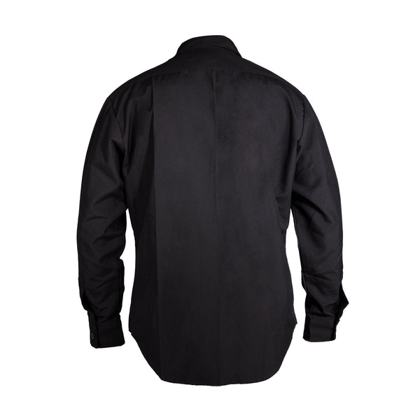 NAVY Women's Johnny Cash Winter Blue Shirt. US Navy Female Winter Blue long sleeve shirt in polyester wool. This service uniform blouse was decommissioned by the Navy in 2010. Features 2 front chest patch pockets with button flaps, long sleeves with button cuffs, button-down closure with Navy-branded buttons with anchor motif. Blue Black 75/25 Tropical Polyester Wool. Made in U.S.A. Genuine, Official US Military Navy Uniform; USN-Certified.
