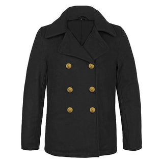NAVY Women's Officer Reefer Peacoat. NAVY Female Officer Reefer Pea Coat. Worn by Naval Officers & Chief Petty Officers in inclement weather. Hip length Peacoat jacket is made of a dark blue-black melton wool with convertible collar, 1 interior chest pocket, 2 front slash pockets, and a double-breasted closure made of six 35-line or 40-line gold buttons with USN eagle & star emblem. Blue-black 100% Wool Outer Shell; Polyester lining; Gold Metal Buttons. Official USN Military issue. Made in the USA