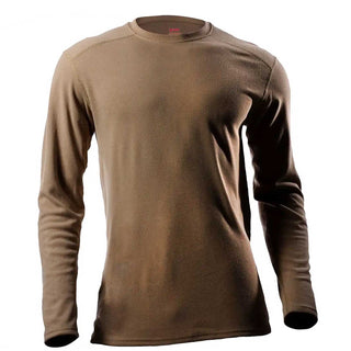 Drifire Midweight Long Sleeve Tee - Men's Coyote Brown. The DRIFIRE base layer system, designed for the U.S. military, is made of soft FR fabric with wicking/fast-drying capabilities, built-in antimicrobial properties and flame resistance using no-melt, no-drip technology. Coyote Brown, 85% Modacrylic/15% Viscose. Flame resistant fabric controls moisture & order; Dries up to three times faster than cotton. Berry compliant. Made in U.S.A.