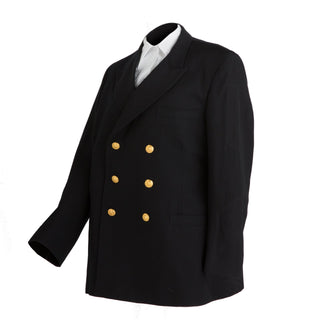 Vintage 1950 US NAVY Male Service Dress Blue SDB Jacket. USN wear for male Officer uniform. Double-breasted coat includes three outside pockets, one on each hip and one on left breast, and three 35-line Navy Eagle gilt buttons down each forefront. Fabric: Black Double Weave Wool Elastique with Gold Buttons. Made in U.S.A.