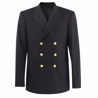 Vintage 1970 US NAVY Male Service Dress Blue SDB Jacket. USN wear for male Officer uniform. Double-breasted coat includes three outside pockets, one on each hip and one on left breast, and three 35-line Navy Eagle gilt buttons down each forefront. Fabric: Black Wool with Gold Buttons. Made in U.S.A.