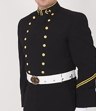 USNA Navy Men's Midshipman Infantry Dress Jacket Military Uniform Coat. U.S. Naval Academy Male Midshipmen Officer Infantry Dress Jacket worn with Infantry Foxtrot & Golf uniform. Double-breasted jacket with 18 gold Navy eagle buttons. Includes collar device, MIDN LTJG sleeve device. Black Polyester Wool. Flying Cross, Made in U.S.A.