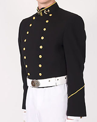USNA Navy Men's Midshipman Infantry Dress Jacket Military Uniform Coat. U.S. Naval Academy Male Midshipmen Officer Infantry Dress Jacket worn with Infantry Foxtrot & Golf uniform. Double-breasted jacket with 18 gold Navy eagle buttons. Includes collar device, MIDN LTJG sleeve device. Black Polyester Wool. Flying Cross, Made in U.S.A.