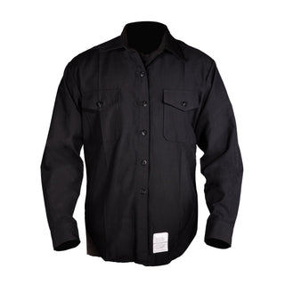 NAVY Women's Johnny Cash Winter Blue Shirt. US Navy Female Winter Blue long sleeve shirt in polyester wool. This service uniform blouse was decommissioned by the Navy in 2010. Features 2 front chest patch pockets with button flaps, long sleeves with button cuffs, button-down closure with Navy-branded buttons with anchor motif. Blue Black 75/25 Tropical Polyester Wool. Made in U.S.A. Genuine, Official US Military Navy Uniform; USN-Certified.