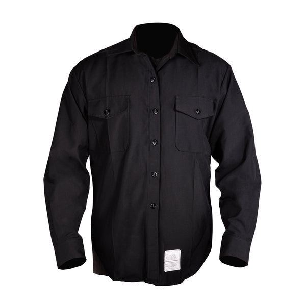NAVY Women's Johnny Cash Winter Blue Shirt. US Navy Female Winter Blue long sleeve shirt in polyester wool. This service uniform blouse was decommissioned by the Navy in 2010. Features 2 front chest patch pockets with button flaps, long sleeves with button cuffs, button-down closure with Navy-branded buttons with anchor motif. Blue Black 75/25 Tropical Polyester Wool. Made in U.S.A. Genuine, Official US Military Navy Uniform; USN-Certified.