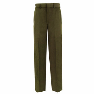 USMC Men's Green Poly/Wool Trousers. US Marine Corps Male Green Poly Wool Pants. These USMC Green slacks are worn by officers and enlisted Marines, authorized for wear as part of the service A, B or C uniform. Features zip fly, hook & slide fastened front, 2 side hip pockets, 2 back pockets with pointed flaps & button closures, and 2 1/4-inch drop belt loops. 55/45 Gabardine Polyester Wool; color USMC Green #2212. Genuine, Official Military USMC Issued Uniform. Made in U.S.A.