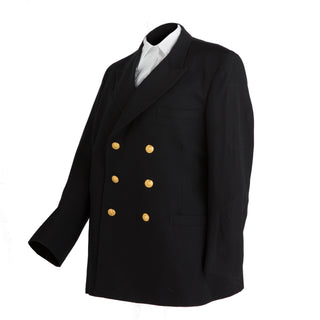 US NAVY Male Service Dress Blue (SDB) Jacket. USN wear for male Officer & CPO uniforms. The double-breasted coat is made of authorized Navy fabric with three outside pockets, one on each hip and one on left breast, and three 35-line Navy Eagle gilt buttons down each forefront.  - Color & Fabric: Black Poly/Wool with Gold Buttons - Care: Dry clean only - Made in U.S.A.