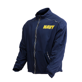 US NAVY Physical Fitness Jacket. This blue nylon jacket features a zip front closure, fold-down collar, back & underarm vents, zip pockets with storm flaps, and barrel-lock drawstring waist. Details include non-reflective NAVY letters on upper left chest & center back, with silver reflective piping along front zip, pockets, shoulders and back sleeve seams. 100% Nylon. Genuine, Official Military Navy (PT) Physical Training Uniform. Made in U.S.A.