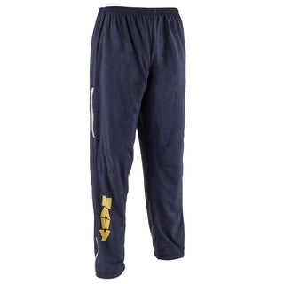 NAVY Physical Fitness Pant. US NAVY Physical Fitness Pants. Blue nylon pants are fully lined with an elastic waist with draw cord, side seam air vents with silver reflective piping, and 2 side pockets. Details include vertical yellow gold non-reflective NAVY logo on right leg. Genuine, Official Military Navy (PT) Physical Training Uniform. Made in U.S.A.