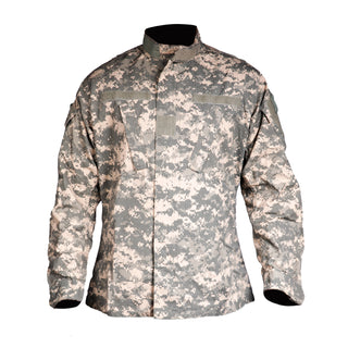 ARMY ACU UCP Coat. Army Combat Uniform Digital Universal Camouflage Pattern Shirt. Features banded/mandarin collar, concealed zipper front with hook/loop closure, 2 front chest & 2 angled shoulder flap pockets, double-layer elbows with space for optional pads, pen pocket on lower sleeve, adjustable wrist cuffs, loop panels for patches, rank and hook badges. Nylon Cotton Ripstop. Genuine Military-issue uniform. Made in the U.S.A.