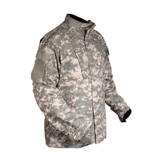 ARMY ACU UCP Coat. Army Combat Uniform Digital Universal Camouflage Pattern Shirt. Features banded/mandarin collar, concealed zipper front with hook/loop closure, 2 front chest & 2 angled shoulder flap pockets, double-layer elbows with space for optional pads, pen pocket on lower sleeve, adjustable wrist cuffs, loop panels for patches, rank and hook badges. Nylon Cotton Ripstop. Genuine Military-issue uniform. Made in the U.S.A.