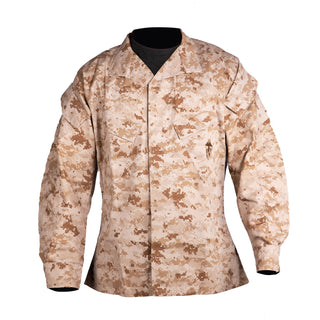 US Marine Corps Combat Utility Uniform (MCCUU) MARPAT Desert Camo Shirt with Insect Guard (Permethrin). Authentic Standard Issue MCCUU uniform currently worn by the USMC in Marine Pattern tan digi-cammies.  This shirt coat features an open collar, 5 front concealed buttons, double-layered reinforced elbows, 2 front chest & 2 shoulder flap pockets with button and hook & loop closures. Made in the USA.