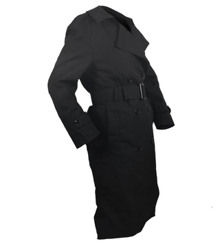 U.S. Navy & Army Women’s Black All Weather Coat with Belt. Female Trench worn with Service, Dress & Formal uniforms in inclement weather. Water-repellant rain jacket with double-breasted button closures, convertible collar that buttons at neck, gun flap, shoulder loops, back yoke/rain guard, buttoned sleeve cuffs, side welt pockets, and optional zip-out liner. Polyester Cotton Poplin Outer Shell; Nylon lining. Official USN Military issue. Made in the USA.