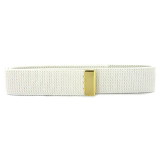 AS-IS Condition USN Male White Cotton Web Belt with Gold Metal Tip. Measurements: 1.25-inches wide. Genuine Military Uniform Item. Made in the U.S.A.