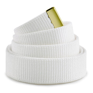 AS-IS Condition USN Male White Cotton Web Belt with Gold Metal Tip. Measurements: 1.25-inches wide. Genuine Military Uniform Item. Made in the U.S.A.