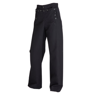 NAVY Men's Dress Blue 13-Button Broadfall Jumper Trousers. USN Male Enlisted Service Dress Blue Jumper Pants with NO Zipper. Front "broadfall" flap with 13 button closure, left & right front welt pockets, one rear right pocket, laced gusset at back, inverted side creases and flared legs. All pants are hemmed unless stated otherwise. Black 100% Wool. Made in U.S.A. Genuine, Official US Military Navy Uniform.