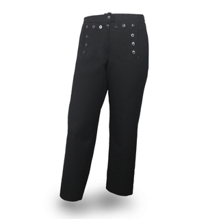 NAVY Women's Service Dress Blue Jumper Trousers with zipper. USN Female Enlisted SDB Zippered Jumper Pants. Hidden zipper front closure with 13 non-functional buttons, left & right front welt pockets, rear right pocket, laced gusset at back, inverted side creases and flared legs. All pants are hemmed unless stated otherwise. Black 100% Wool. Made in U.S.A. Genuine, Official US Military Navy Uniform.