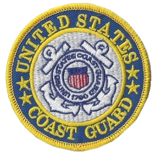 United States Coast Guard logo emblem round patch gold & blue border, crossed anchors, life ring & seal on white background.