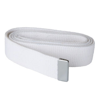 USN Male White Cotton Web Belt with Silver Tip worn by E1-E6. Belt worn with Enlisted Service Dress White uniform. Hey Sailor, be sure to add two inches to the length of your waist size so you can fit your belt buckle!  - Buckle sold separately - Men's belt measures 1 1/4" wide - White cotton webbing with silver metal tip - USN-Certified; Genuine Military Uniform Item - Made in the U.S.A.