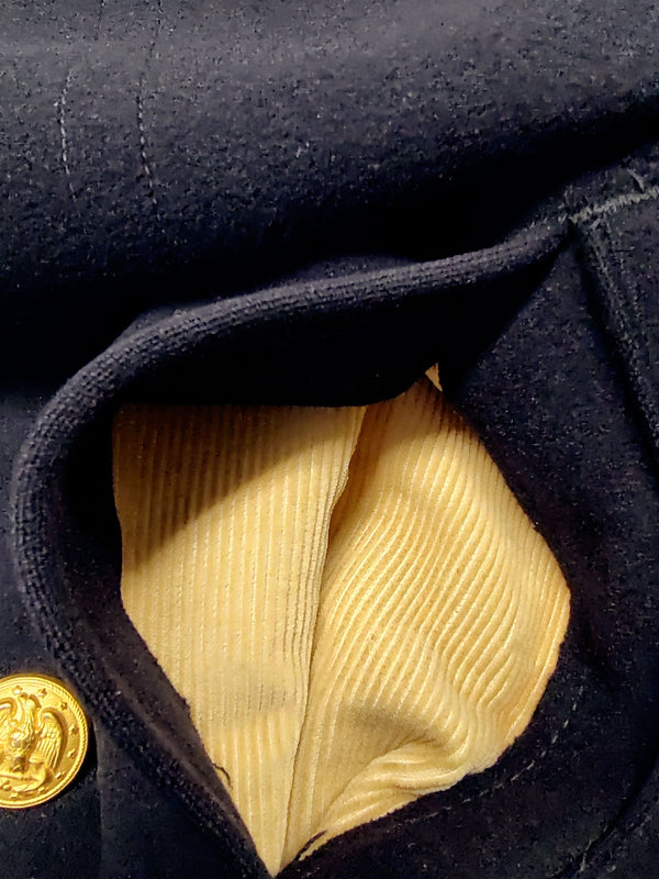 Vintage 1962 NAVY Men's Officer Reefer Peacoat in Dark Blue Wool with tan corduroy lined pocket