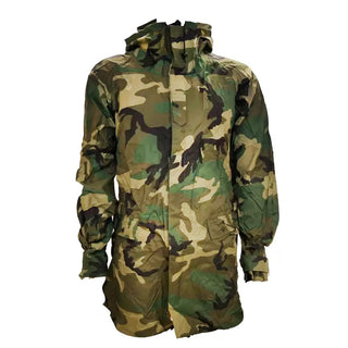 BDU Woodland Camo Wet Weather Parka. Men's USGI Military Improved Rainsuit Outerwear Jacket in green camouflage. This lightweight Rain Suit protects from wind, rain, and sea spray. Features adjustable roll-up visor hood, reinforced elbows, armpit zippers for ventilation, adjustable cuffs. Front 2-way zipper closure with snap storm flap, pass-through snap front pockets, drawstring hem, inner liner buttons. Genuine US Military Issue, 100% Nylon Shell, Made in U.S.A.