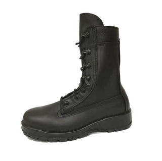 US NAVY Men's Black Leather Safety Steel Toe Boots by Belleville 360ST. Navy Certified boots for wear with the Type III (NWU) Navy Working Uniform. The Belleville 360ST is a general-purpose safety boot with an all-leather upper, polyurethane midsole, and Vibram high performance, non-slip outsole. Black leather upper, VIBRAM® rubber sole, Berry Compliant, Made in the USA.