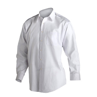 USN Male White Long Sleeved Dress Shirt with Epaulets by U.S. Navy Premier Collection made by Brooks Brothers. Worn by Officers & CPOs with Service Dress Blue (SDB) Jacket. Non-iron cotton fabric with shoulder epaulettes, and convertible barrel sleeve cuffs. 100% White Supima Cotton.