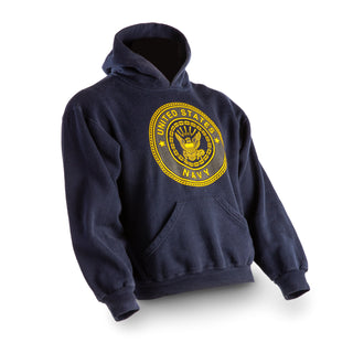  USN PT Sweatshirt Hoodie with yellow U.S. Navy seal emblem with eagle, anchor, rope and chain. This retired style is a vintage military collectible in the making. Throw this sweat shirt hoody over your gold PTU and be ready to hit the road --or if you are a civie, throw it on to show some Navy Pride.  - Note: Hood drawstrings may have be removed - Unisex sizing - Fabric: 50/50 Polyester Cotton - Made in U.S.A.
