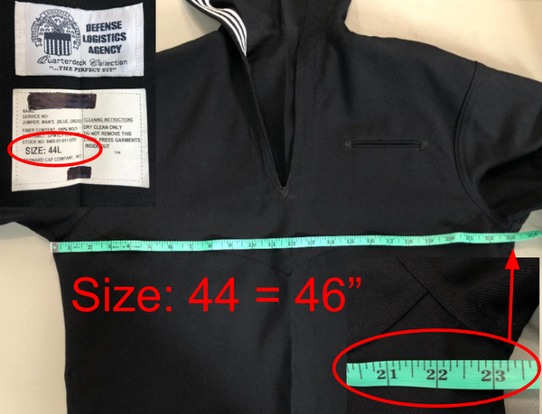 AS-IS Condition US NAVY Male Enlisted Service Dress Blue Jumper Top with Side Zipper. This shirt measures 2-inches larger than the label size. Example: a size 44 chest will measure 46-inches around the chest, beneath the armpit area.