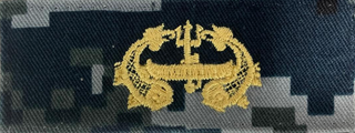 US NAVY Working Uniform Type 1 Embroidered Badge - Deep Submergence Officer. Gold embroidered on Blueberry Camo.  Official U.S. Navy patches sewn on the NAVY NWU Type I Shirt Blouse. Digital Blue Camouflage (retired in October 2019).  - USN Certified - NWU Type 1 Blue Digital Camouflage (Blueberries) - Individually sold - Made in the USA