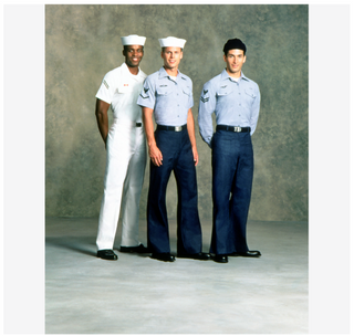 Navy Enlisted E6 & Below Uniforms: Summer White, Short Sleeve Utilities with white Dixie Cup cover, and Long Sleeve Utilities with knit Black Watch Cap.