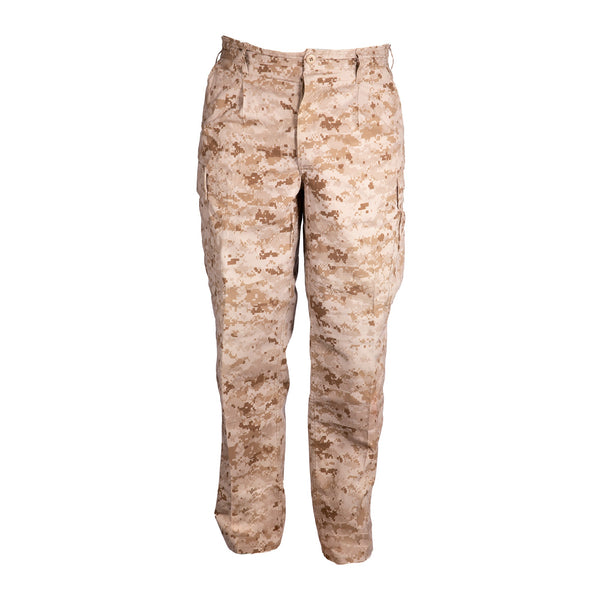 AS-IS Condition USMC MARPAT Desert Trousers. Marine Corps Combat Utility Uniform (MCCUU) MARPAT Desert Camo Pants. Authentic Standard Issue MCCUU uniform currently worn by the USMC in Marine Pattern sand/tan digi-cammies.  - Genuine, Official Military USMC Uniform - Pattern: Tan/sand Digital Desert Camouflage MARPAT - Fabric: 50% Nylon / 50% Cotton Ripstop treated with permethrin insecticide - Made in U.S.A.