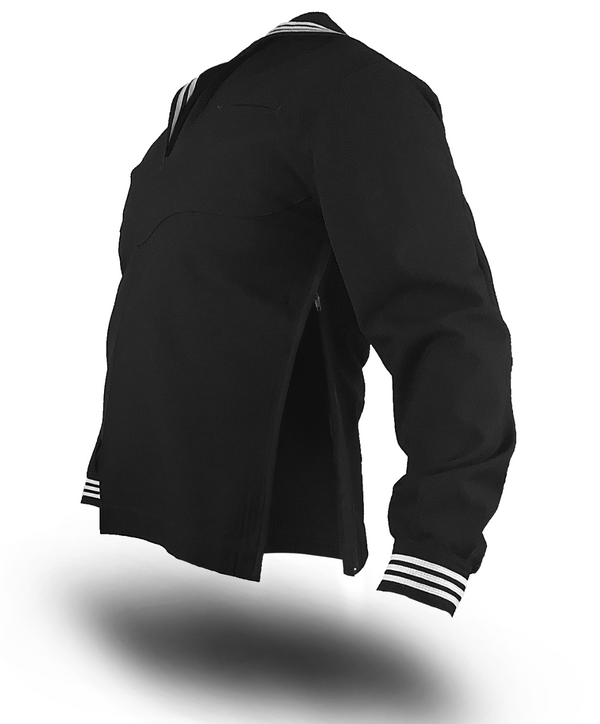AS-IS Condition US NAVY Male Enlisted Service Dress Blue Jumper Top with Side Zipper. Affectionately known as part of the "Crackerjack" uniform, this USN SDB Jumper Blouse may be prescribed for wear year-round to all official functions when Dinner Dress or Full Dress Uniforms are not prescribed and civilian equivalent dress is coat and tie. Dark blue 00% wool serge. Made in the U.S.A. Genuine, Official US Military Navy Uniform.