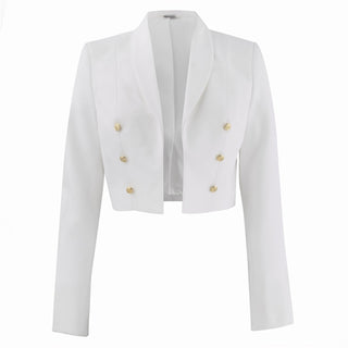 US NAVY Women's (DDW) Dinner Dress White Jacket. USN wear for female Officer & CPO uniforms. This formal mess jacket features long sleeves, narrow lapels, semi-peaked front with the back tapered to a point. The single-breasted style includes three 22.5-line Navy eagle buttons on the front. White Certified Navy Twill (100% Polyester). Made in U.S.A.