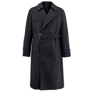 US Army Male Black All Weather Trench Coat with Belt. Men's water-resistant rain jacket with double-breasted buttons, convertible collar that buttons at the neck, gun flap, shoulder loops, adjustable sleeve straps, adjustable belt, welt pockets with 2 inside hanging pockets, back yoke/rain guard, and optional zip-out liner. Black 50/50 Polyester Cotton Poplin Outer Shell; Nylon lining. Army-Certified; Genuine, Official Military issue. Made in the USA.