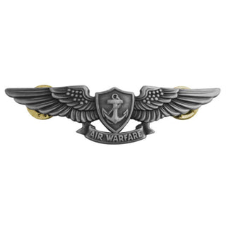 NAVY Metal Badge: Air Warfare - Oxidized Full Size. US NAVY Metal Badge Device Pin - Avaiation Warfare, Regulation Full Size. Oxidized Silver Finish. Measures approximately 2-3/4"wide x 1"high. Clutch back pin. Sold individually. Made in the USA.