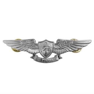 NAVY Metal Badge: Air Warfare - Silver Full Size. US NAVY Metal Badge Device Pin - Avaiation Warfare, Regulation Full Size. Silver Mirror Finish. Measures approximately 2-3/4"wide x 1"high. Clutch back pin. Sold individually. Made in the USA.