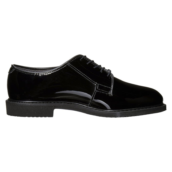 Male Black Hi-Gloss Oxford Shoes. Feature an easy to clean upper, non-marking/lasting Bates Lites outsole, Goodyear Welt construction and removable cushioned insert for your comfort. Style# 00942 Man Made Materials; Synthetic sole, heel approx 1.25" high. Made in USA.