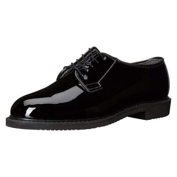 Female Black Hi-Gloss Oxford Shoes. Features gloss upper, Bates Lites outsole, Goodyear Welt construction & removable insert. Worn with dress uniforms by U.S. military, National Guard, law enforcement/firefighters. Style# E00731, Man Made Upper; Synthetic sole. Made in the USA.