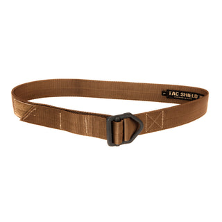 TAC SHIELD® Tactical Riggers utility belt in coyote brown nylon. Double wall Mil-spec webbing provides 7,000 lbs. tensile strength while still being comfortable with the soft edge design. Drop Forged Steel Rigger Buckle tested to over 2,500 pounds. Offers unique fast hookup for emergency situations. Dual purpose buckle saves weight with minimal buckle size. Size: Large 38"- 42", Brown nylon webbing, Double thick construction; 1.75-inches thick. Made in the USA.