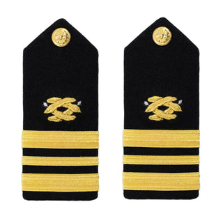 NAVY Men's Hard Boards: Civil Engineer - LCDR. US NAVY Male Hard Shoulder Boards: Rank Lieutenant Commander/LCDR (O-4) Civil Engineer CEC. Features 2 thick gold ribbon stripes with 1 thin gold stripe in between and Civil Engineer Corps insiginia in gold & silver thread on black wool. Measurements: approx 2 1/4" wide x 5 1/2" high. Sold in pairs. USN Certified. Made in the USA.