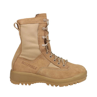 Men's Desert Tan Waterproof Insulated Combat Boots - Belleville 795V. Belleville 795V Male Desert Tan Waterproof Insulated Boots. 8" Standard Military Height. Upper: 100% Cowhide Rough-Out Suede Leather & Cordura Nylon Fabric, Plain toe. Integrated Gore-tex waterproof liner. Polyurethane removeable insert. 100% rubber Vibram Fire & Ice Sierra outsole. U.S. Army & Air Force ACU approved. Made in the USA.