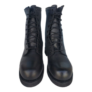 Men's Military Black Leather Safety Toe Boots - Addison 731018. Military-issue Tactical Male Black Boots. Weather-resistant 9-eyelet combat boots with all-leather construction, non-steel safety box toe, 8-inches high, oil resistant heel/sole & Vibram non-marking, non-slip outsoles making it sturdy, safe, with environment protection. Genuine Military issue. Berry Compliant. Made in USA.