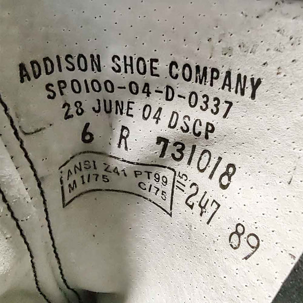 Men's Military Black Leather Safety Toe Boots - Addison 731018. Addison Shoe Company SP0100-04-D-0337, 28 JUNE 04 DSCP, size 6 Regular Men #731018, ANSI Z41 PT99