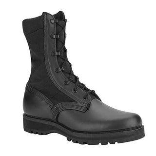 Men's Black Hot Weather Spike Protective Boots. Military-Issue Male Black Hot Weather Jungle Desert Type 1 Combat Boots. Heat-resistant insole and Vibram sole, these unisex boots black nylon and leather upper with padded collar, removable inserts, and a spike-resistant insole. Genuine Military issue. 8-9 inches high. Cordura Nylon & Cowhide Leather; side air vents for cooling & ventilation. Steel Shim Spike Protection. Vibram Sierra rubber sole. Plain toe. Berry Amendment Compliant. Made in the USA