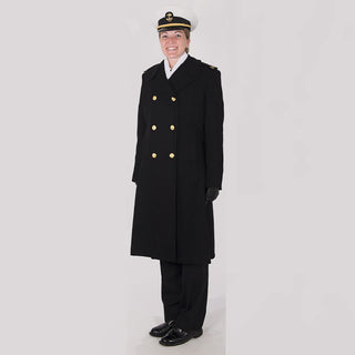 NAVY Women's Bridgecoat. US NAVY Female Formal Wool Overcoat is a classic military issue outerwear coat worn by Chiefs (CPOs) & Officers. Longline overcoat features a double-breasted button front closure with gold buttons, shaped waist, side pockets, half-belt at back, convertible collar, and shoulder epaulets. The long coat length extends below the knee. 100% Melton Wool Outer Shell. Buttons: 40-line size gold gilt with USN Military eagle motif. Genuine, Official USN Military uniform. Made in the USA.