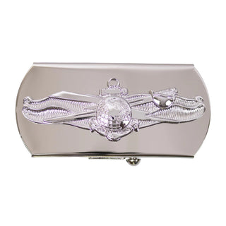 NAVY Men's Silver Buckle - Enlisted Information Dominance. US NAVY Male Silver Metal Belt Buckle with Enlisted Information Dominance emblem in silver mirror finish. Measures: 3"wide x 1 1/2"high. USN-Certified military uniform item. Made in the U.S.A.